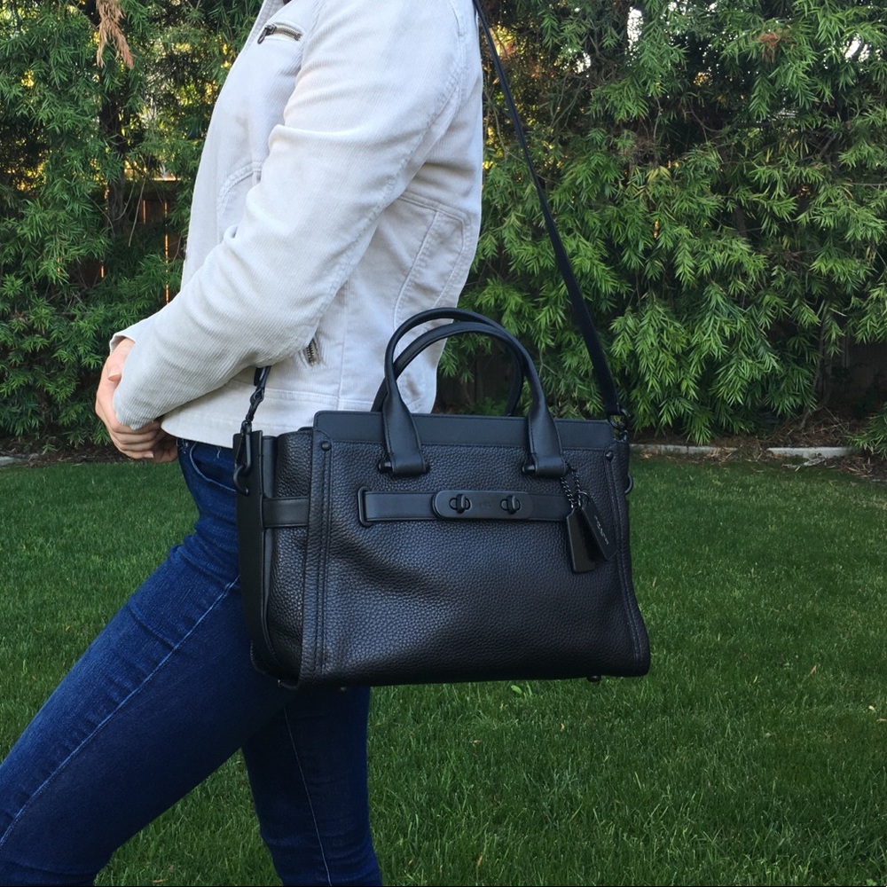 Coach Carryall Swagger In Pebble Matte Black Leather Satchel